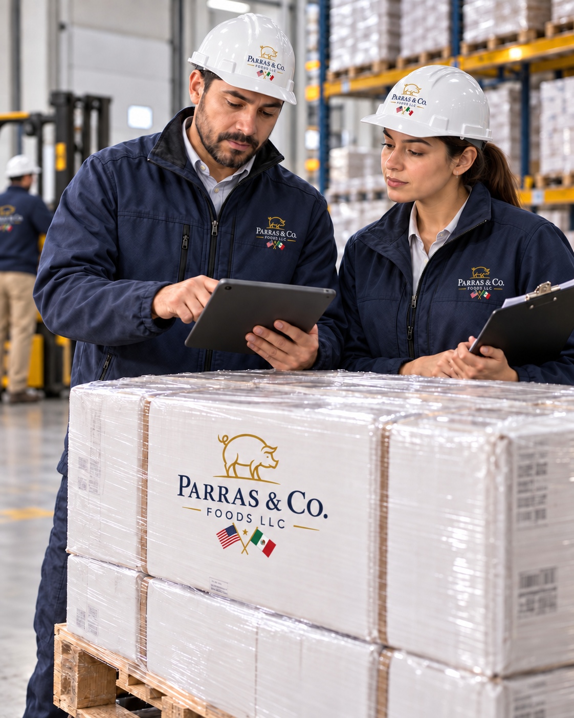 Coordinadores de bodega con cascos blancos y uniformes con el logo de PARRAS revisan un embarque